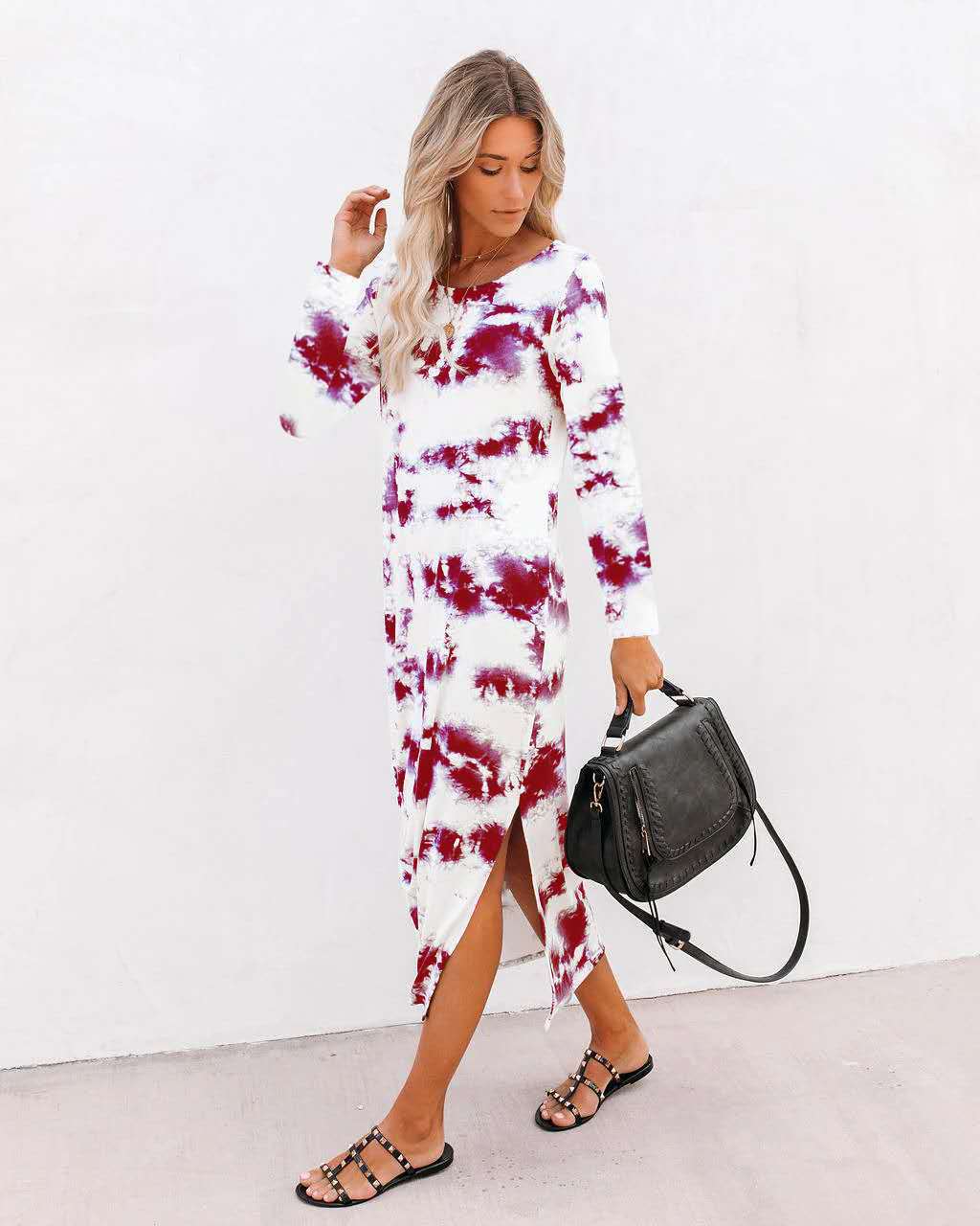 tie-dye printed round neck long sleeves dress  NSLZ34166