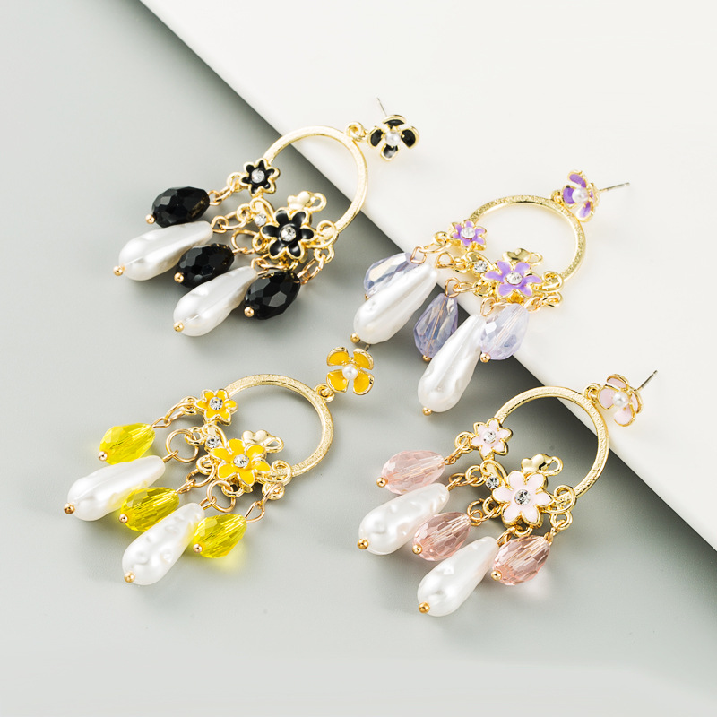 New Long Fringed Pearl Crystal Drop Oil Flower Alloy Inlaid Rhinestone Earrings For Women display picture 2