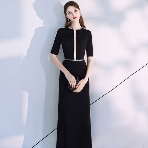 Evening dress female high end atmosphere black dress long banquet dress