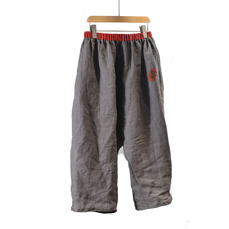 Fishing Song/Original Ramie Large Size Casual Women's Pants Loose Comfortable Artistic Wide Leg Pants Patchwork Hand Embroidered Crotch Pants