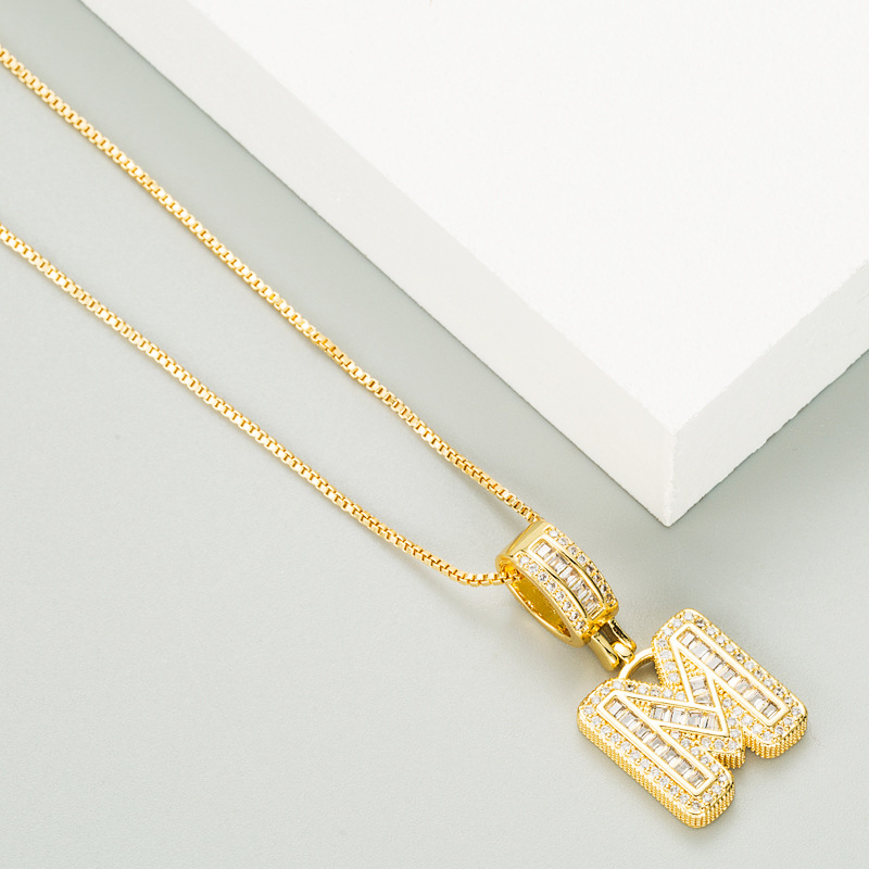 white gem  copper plated real gold 26 English letters necklace