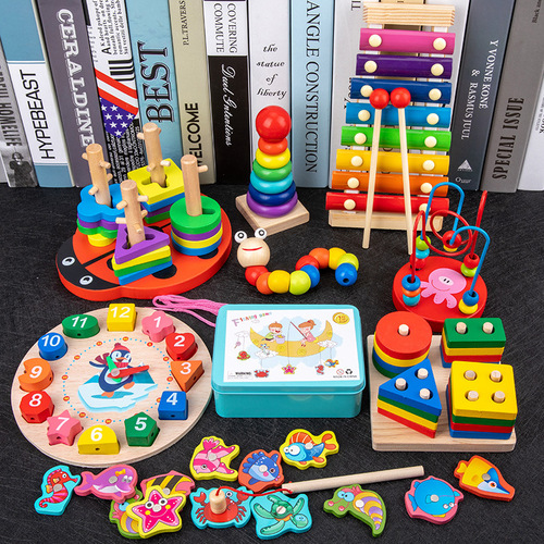 Baby and Toddler Eight-Tone Hand Percussion Bead Stringing Worm Rainbow Tower Fishing Early Education Benefit Intelligence Wooden Toy