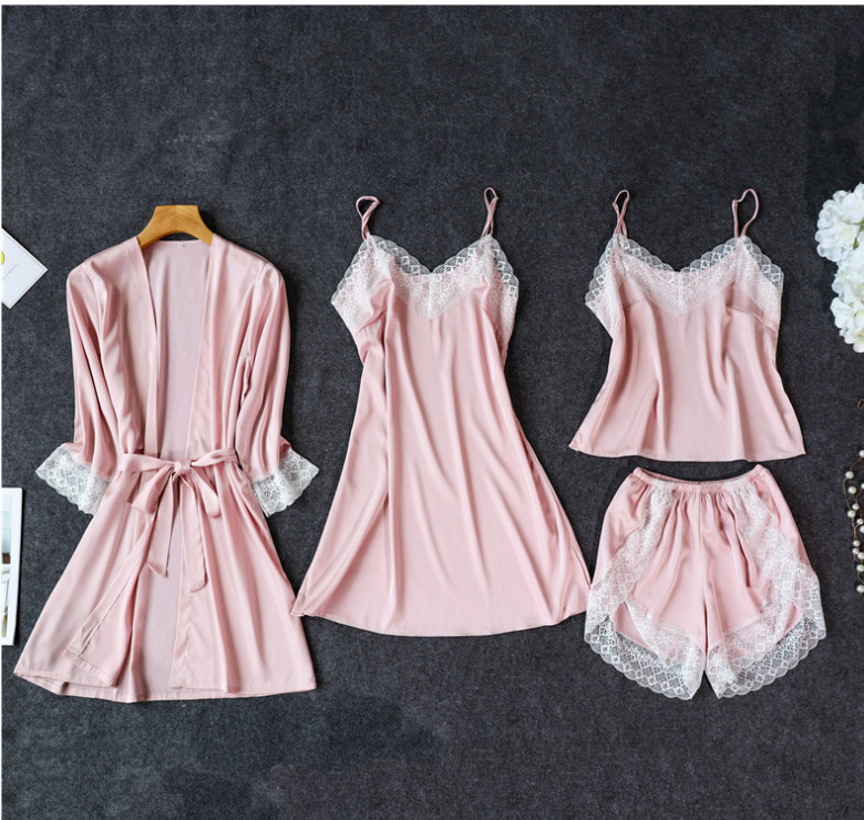 Sexy 4-Piece Set Of Imitation Silk Suspender Robe With Breast Pad Nightdress