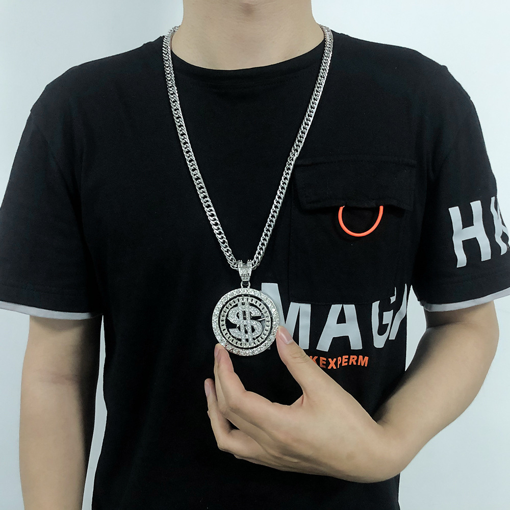 Hot selling US dollar necklace hip hop personality trend necklace, diamond studded US dollar rotating pendant necklace_voghion.com