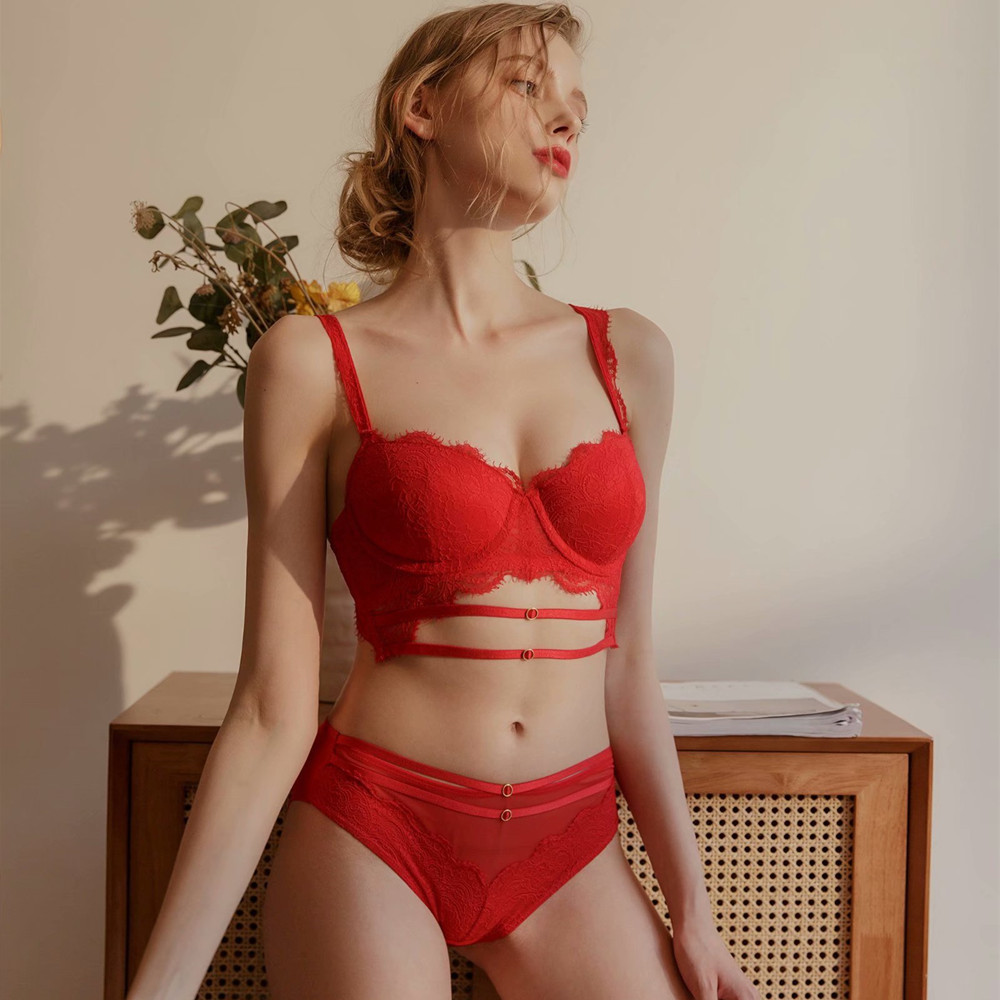 New French Sexy Lace Overlay with Steel Ring Gathering Large Women's Bra Set_voghion.com