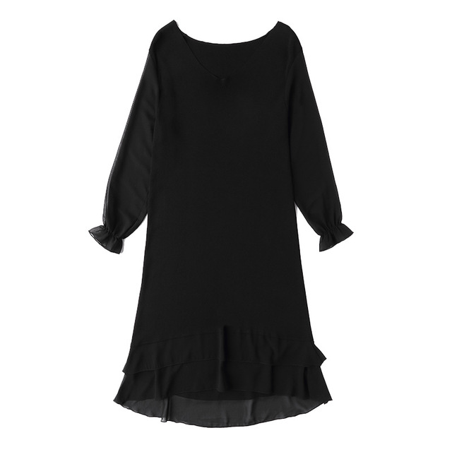 Solid V-neck black ice silk A-line skirt spring large women’s loose medium long knitting dress