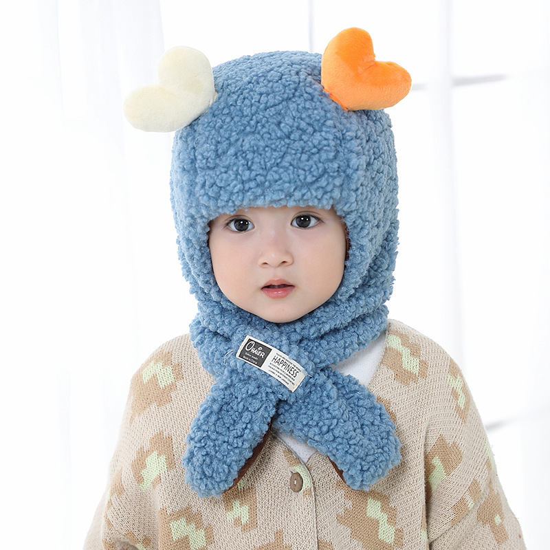 爱心毛绒儿童帽子冬季新款 可爱婴儿帽子围脖一体保暖宝宝护耳帽|ms