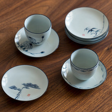 仿古釉手绘青花杯垫 功夫茶杯杯垫陶瓷日式茶点盘小号茶道配件