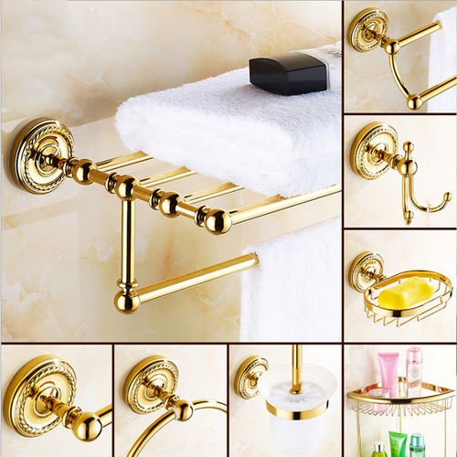 Gold Towel Rack Bathroom Shelf Wall Mount Single Pole Full Copper Tissue Holder Bathroom Hardware Hooks Set