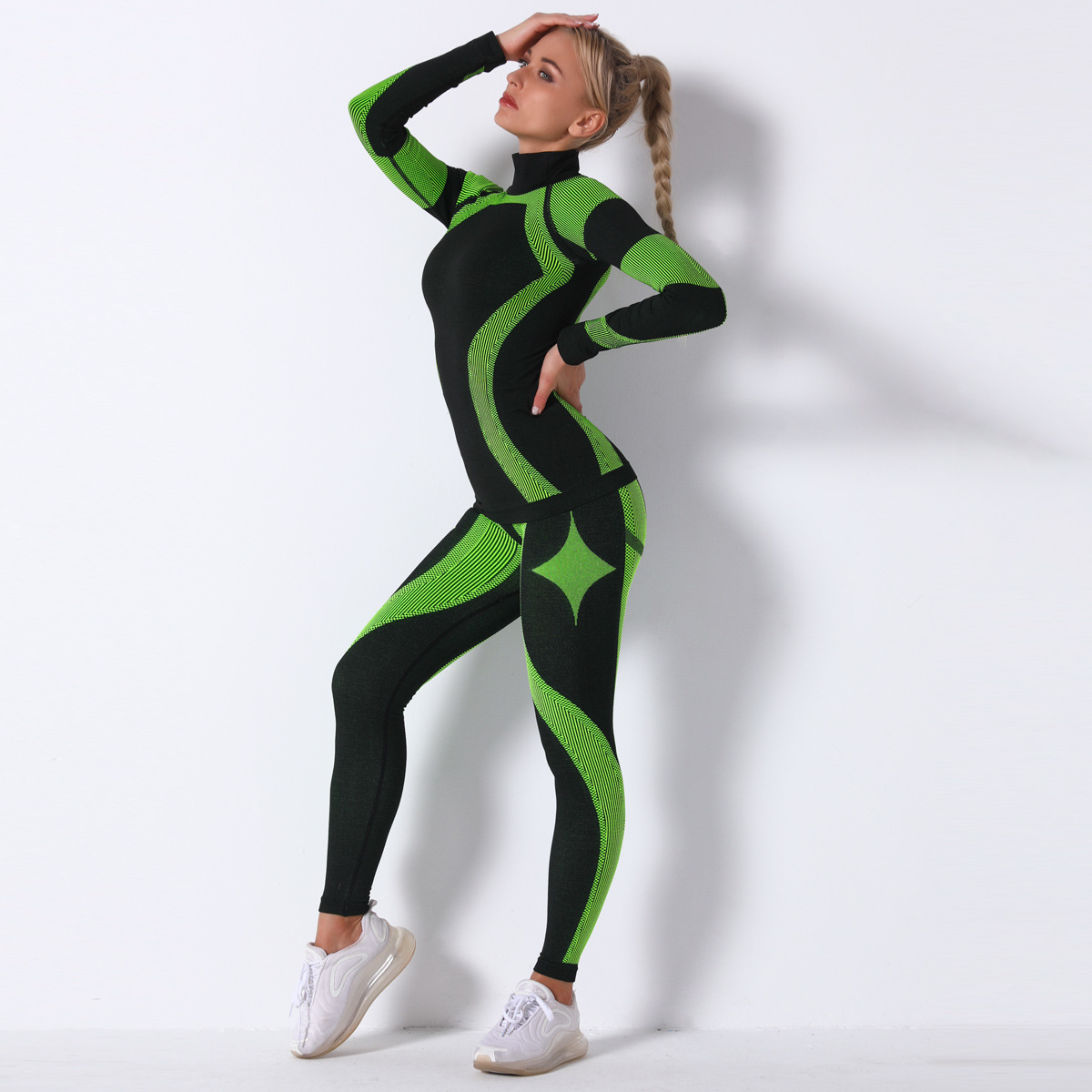 seamless knitted striped long-sleeved two-piece sports yoga suit NSLX9016