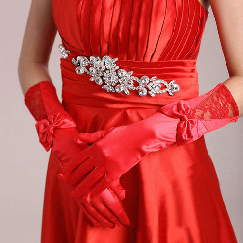 Lace Elbow Length Satin Satin Gloves Fingered Wedding Dress Gloves Elbow Length Embroidered Bow Long Gloves
