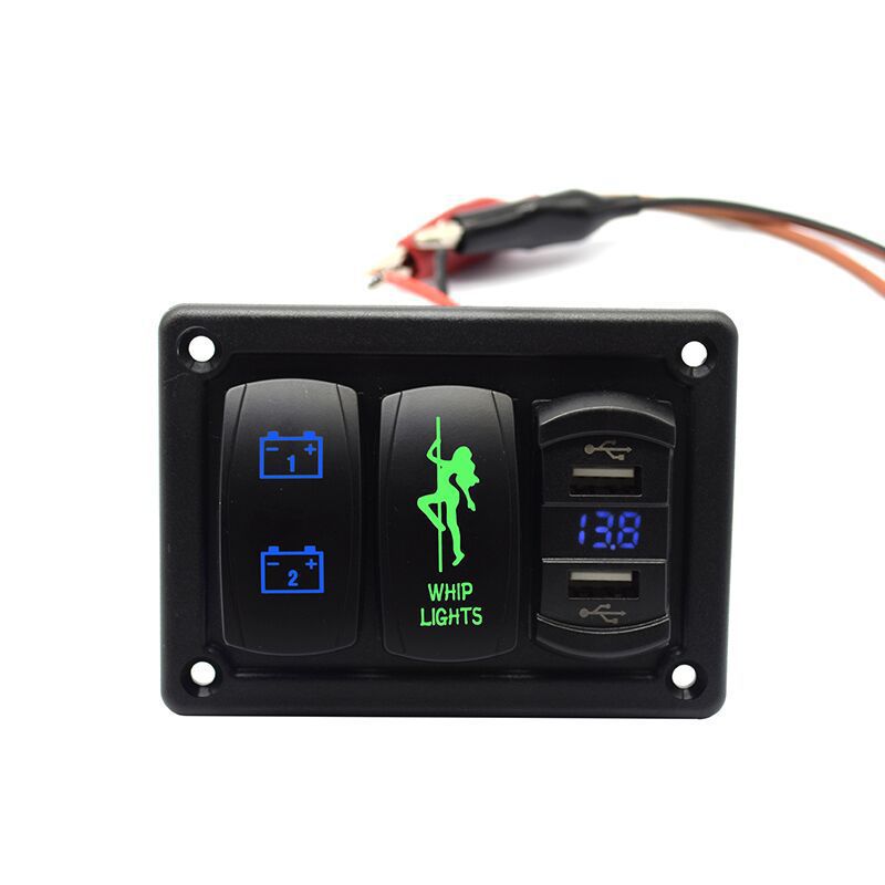 汽车改装3位翘板开关二合一塑胶板组合 双USB数显 房车改装充电器