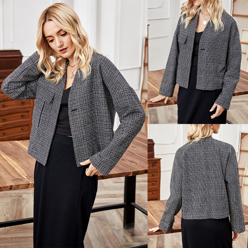 Women's Short Jacket, Autumn Export, Korean Style, Loose Long Sleeve, Fashionable Plaid Collarless Cardigan