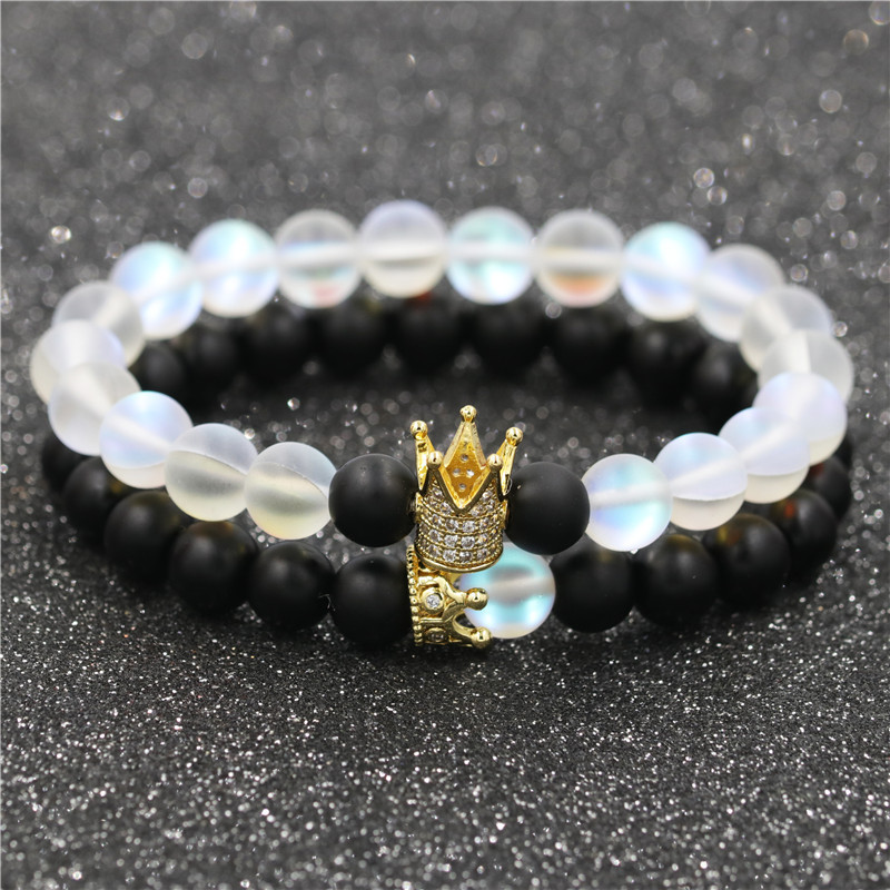 Matt Black Stone Agate Wood Crown Bracelet