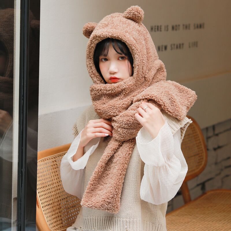 Set, hat, coffee scarf, increased thickness, with little bears