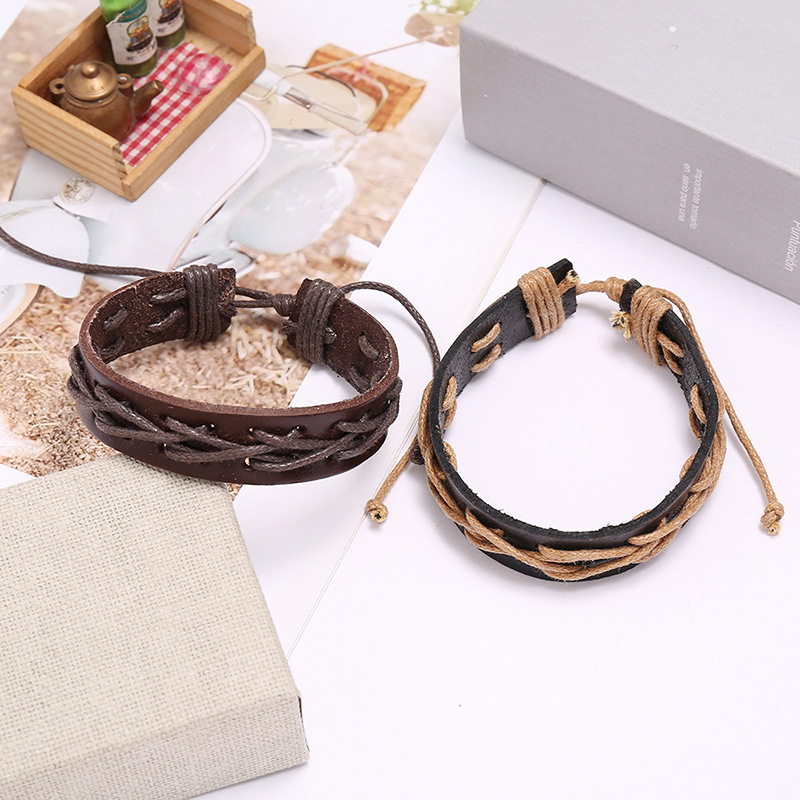 Hot sale menu0027s retro cowhide wax thread new woven bracelet leather jewelry wholesale nihaojewelr