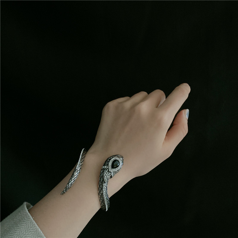 retro antique silver snake totem gemstone diamond exaggerated opening bracelet