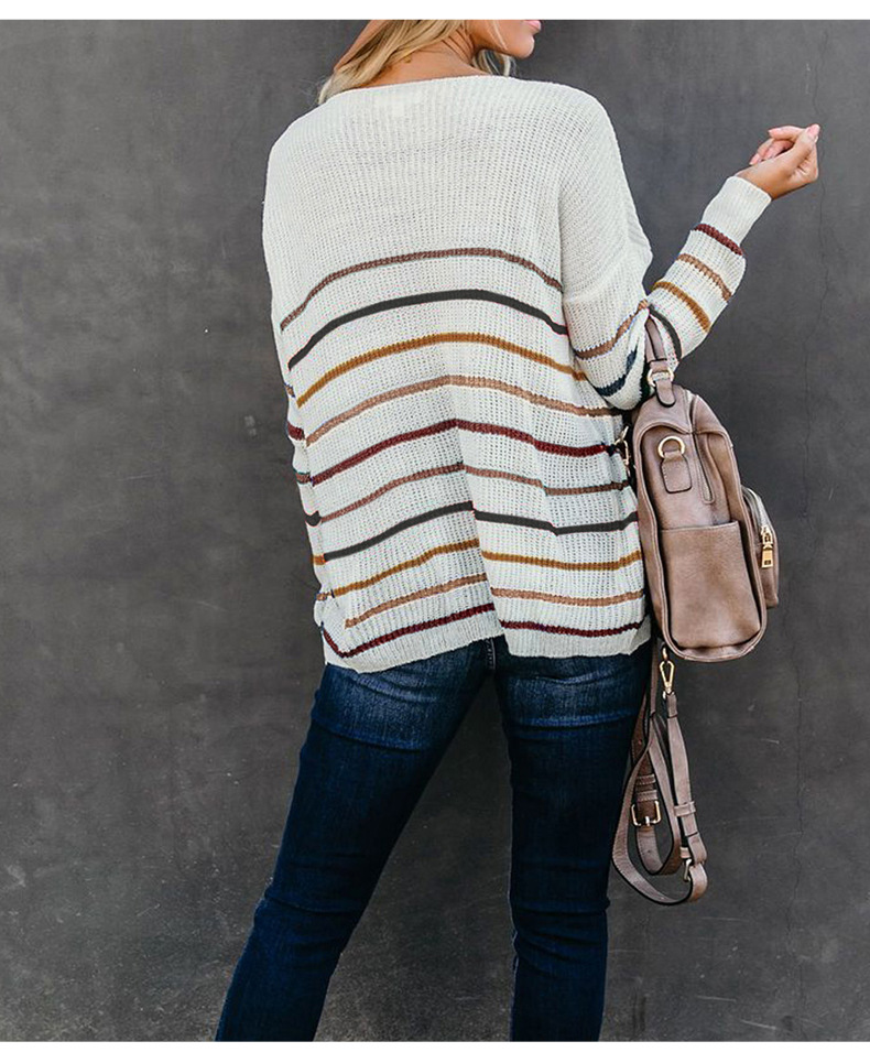 knitted sweater women new color striped loose long-sleeved v-neck ladies pullover NSSI3434