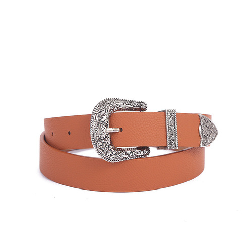  New Big Brand Brogue Retro Decoration Women's PU Belt Versatile Jeans Imitation Leather Women's Wide Belt