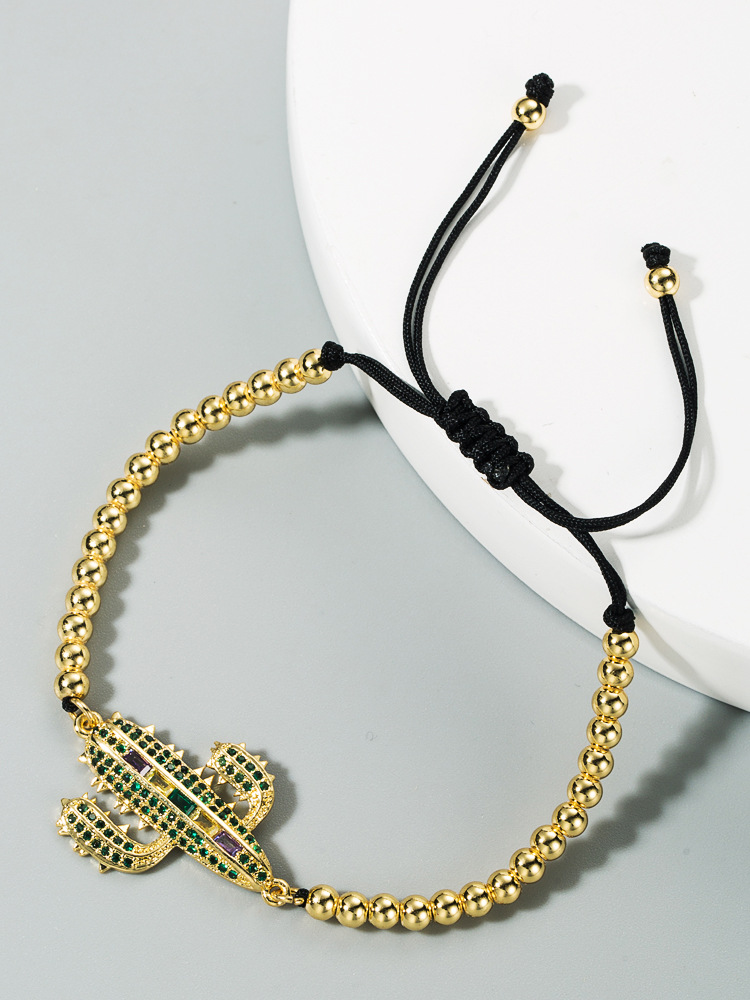 Europäisches Und Amerikanisches Grenz Überschreiten Des Mode Armband Weiblich Retro Panjia Kaktus Gold Eingelegter Zirkon Bronze Perlen Verstelltes Farb Schatz Armband display picture 3