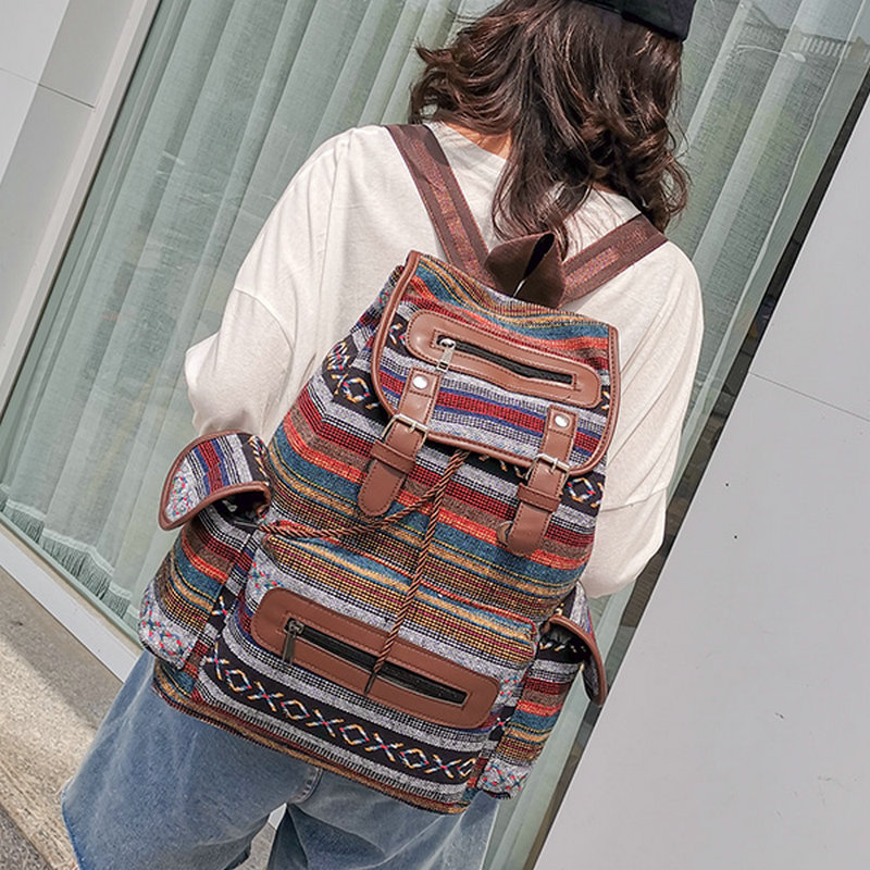批发韩版民族风女士抽带马桶包休闲运动双肩包时尚街头潮复古背包