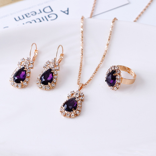 New European and American water drop shiny rhinestone necklace earrings ring set bridal jewelry three-piece set factory direct sale