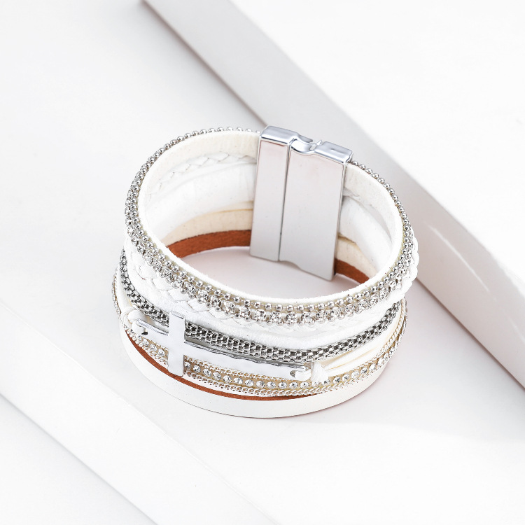 Bohemian Diamond Cross Leather Magnetic Buckle Bracelet display picture 3