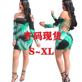 A5005敦煌ebay爆款欧美性感女装2018时尚印花裹胸露肩露背连衣裙