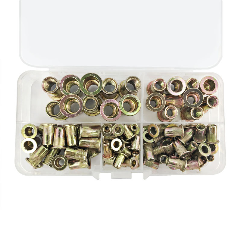 En caja de 100 piezas de color plateado tuerca de remache de zinc M3/M4/M5/M6/M8 cabeza plana tuerca de grano vertical