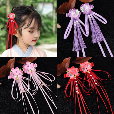 chinese hanfu hair accessory for girls Retro super Fairy Art children hairpin three flowers pearl tassel ribbon Chinese hanfu hair accessories