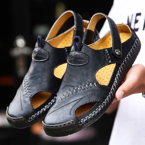Cross-border men's summer new plus-size hand-stitched sandal beach shoes foreign trade two-way cap-toe flip-flops