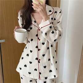 实拍2023春季新款长袖开衫爱心家棉质睡衣女居服两件套装外贸批发