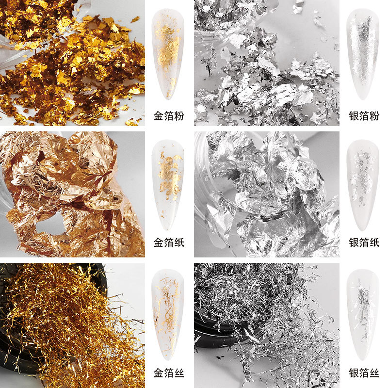 Manicure Japanese new gold foil wire fragments nail polish glue DIY decoration gold and silver tin foil wholesale