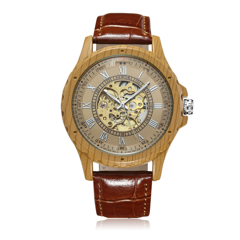 SEWOR hombres de negocios reloj mecánico automático de madera correa de cuero hueco transparente inferior mecánico reloj de madera maciza 001