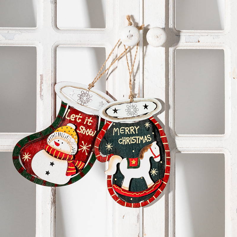 Guantes navideños de madera americanos calcetines colgante pintado árbol de navidad alce muñeco de nieve retro colgante pintado a mano
