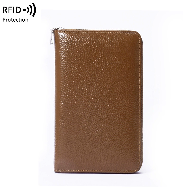 Кожаный паспортник, длинный кошелек из козьей кожи с защитой RFID, молния и цепь