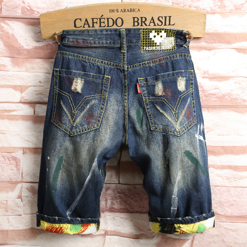 trendy men's clothing ,Summer torn denim shorts, five piece slim fitting straight leg pants_voghion.com