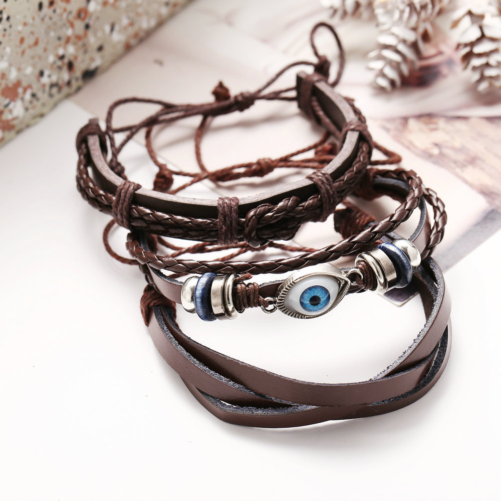 Conjunto De Brazalete De Cuero Trenzado Con Ojo Brazalete Creativo De Estilo Negro Para Hombres display picture 3