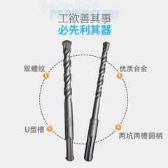Electric hammer impact drill bit with two pits and two grooves, round handle, through-wall cement concrete reaming drill bit with double grooves SDS plus