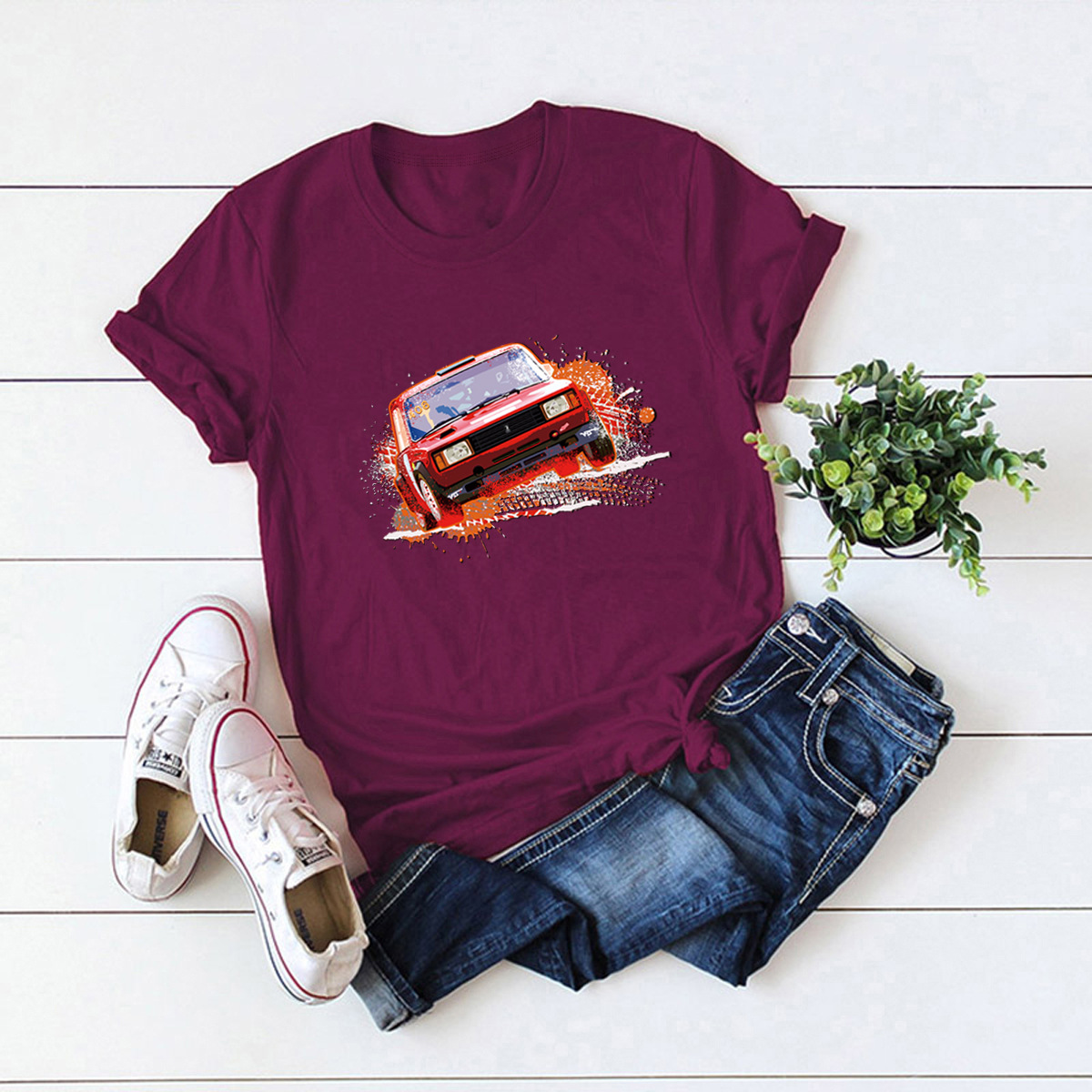 camiseta de manga corta de algodón puro con estampado de coche para mujer NSSN2688