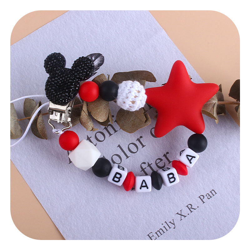 Suministros para bebés Mickey chupete clip calmante Cadena de chupete de silicona Big Star mordedor cadena anti-caída nombre del bebé