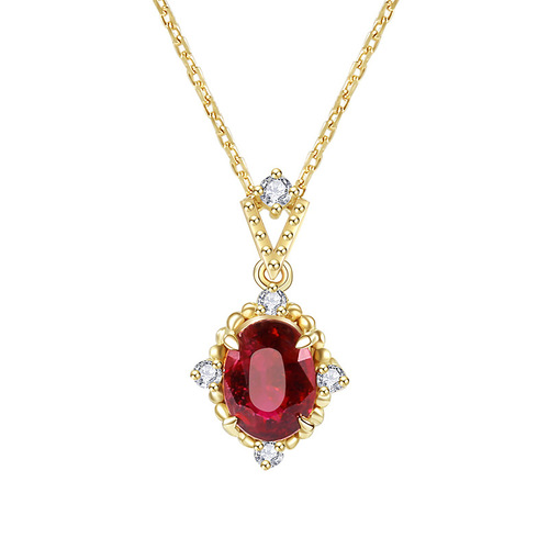 S925 sterling silver plated 18K gold ruby ​​necklace Exquisite retro simple and versatile pomegranate red zircon pendant