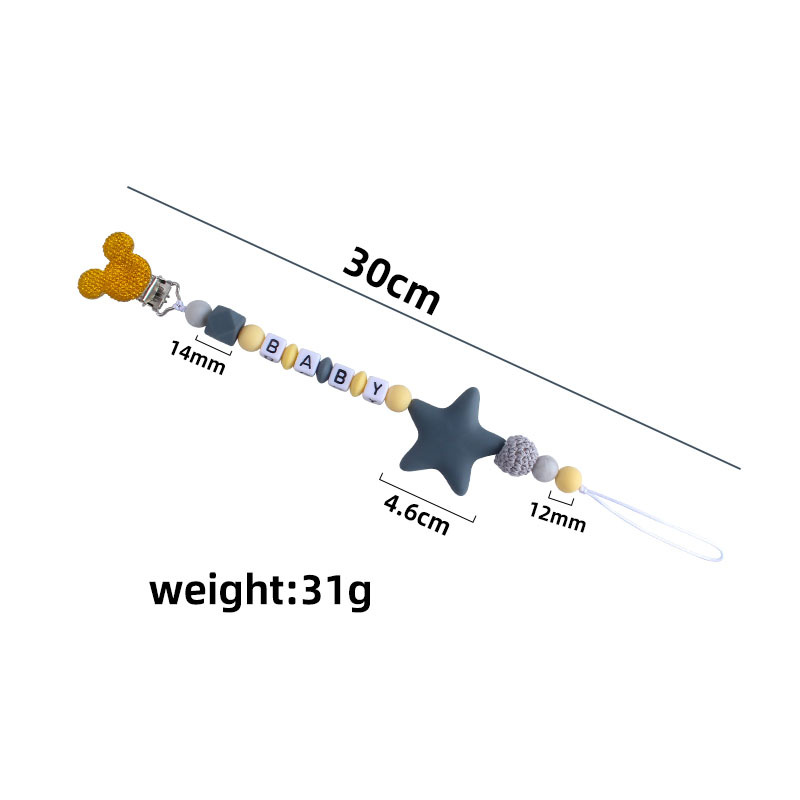 Suministros para bebés Mickey chupete clip calmante Cadena de chupete de silicona Big Star mordedor cadena anti-caída nombre del bebé