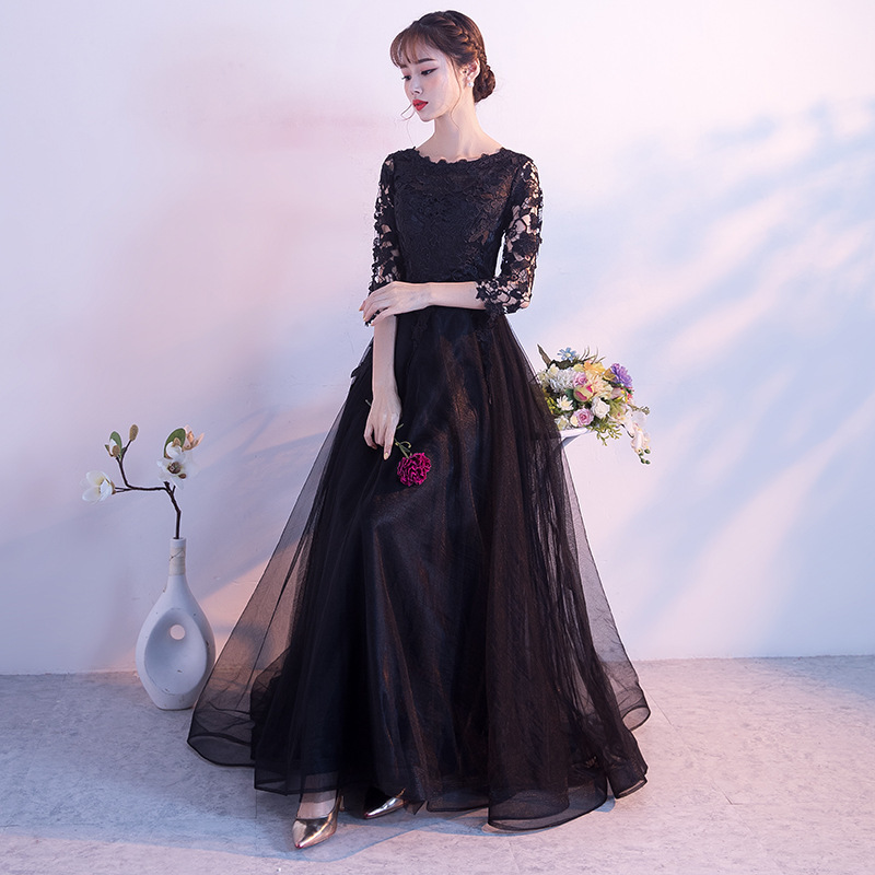 Black long lace elegant evening dress