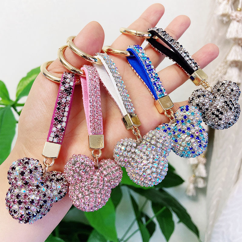 ins Korean Creative Diamond-encrusted Crystal Mickey Head Car Keychain High-end Bag Pendant Women's Accessories Drill Rope