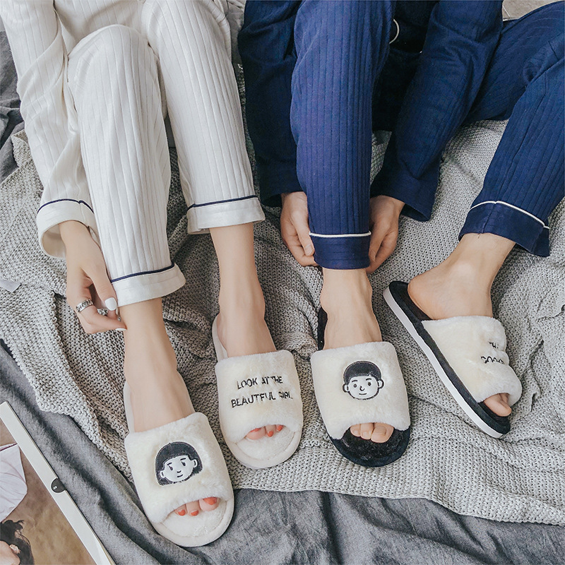 秋冬季棉拖鞋女ins家用情侣室内可爱卡通毛毛绒家居一字拖鞋男