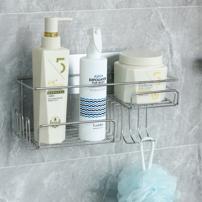 免打孔浴室不锈钢置物架卫生间洗发水收纳架无痕壁挂式墙上整理筐|ms