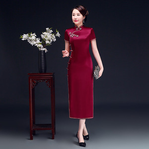 Traditional Chinese Dress Qipao Dresses for Women Wine red pure long cheongsam dress wedding banquet wedding Qipao short sleeve