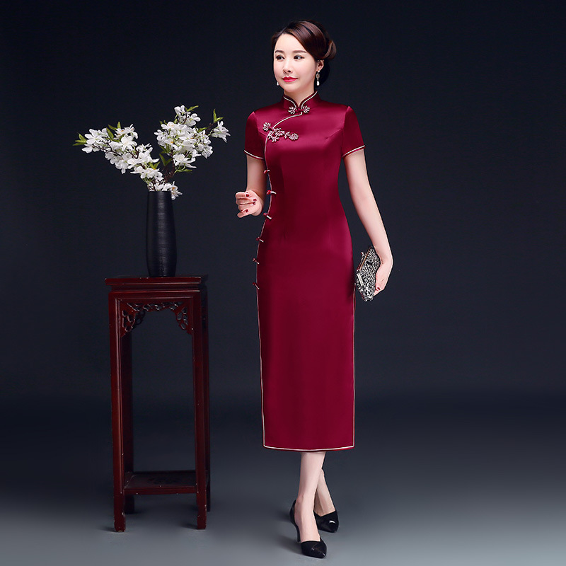 Traditional Chinese Dress Qipao Dresses for Women Wine red pure long cheongsam dress wedding banquet wedding Qipao short sleeve