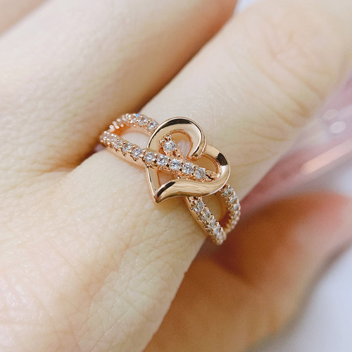 Hazy Moon European and American Fashion Heart Shape Women's Engagement Ring Zircon Micropaved Real Gold Plated Cross-Border Accessories Wholesale